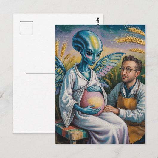 Zwanger buitenaards wezen met vleugels in tarwevel briefkaart (Voorkant / Achterkant)