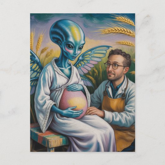 Zwanger buitenaards wezen met vleugels in tarwevel briefkaart (Voorkant)