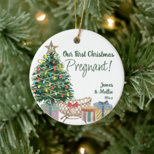 Zwanger echofoto kerstboom en wieg keramisch ornament