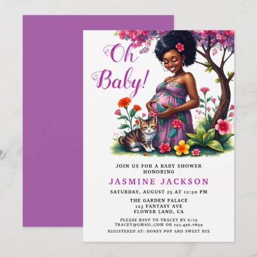 Zwanger moeder kat bloemige Paarse Baby shower Kaart (Voorkant / Achterkant)