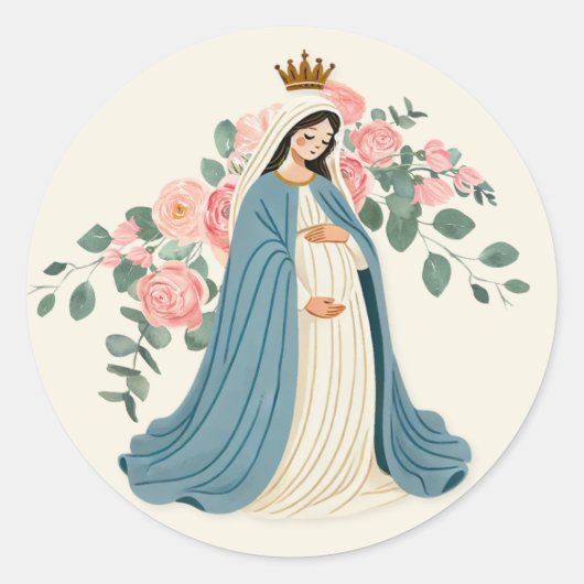 Zwanger moeder Mary Floral Religious Ronde Sticker (Voorkant)