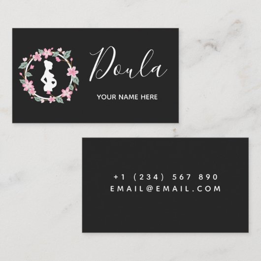 Zwangere dame Silhouette Cute Floral Doula, echtge Visitekaartje (Voorkant / Achterkant)