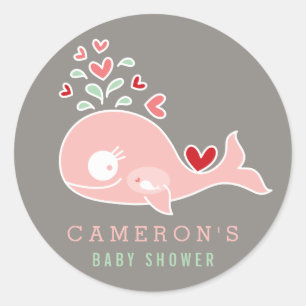 Zwangere mama roze walvis meisje baby shower stick ronde sticker
