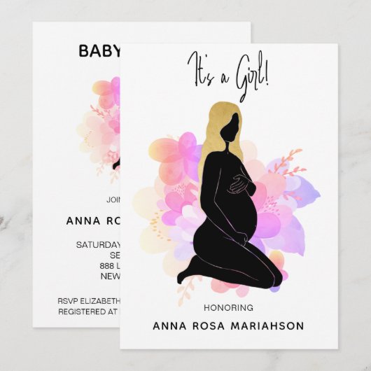 *~* Zwangere Woman Black Gold Baby GIRL Shower Kaart (Voorkant / Achterkant)