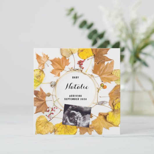 Zwangerschap Aankondiging Herfst najaar lederen ad (Staand voorkant)