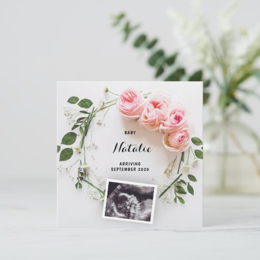 Zwangerschap Aankondiging Roze Floral met kaart (Staand voorkant)