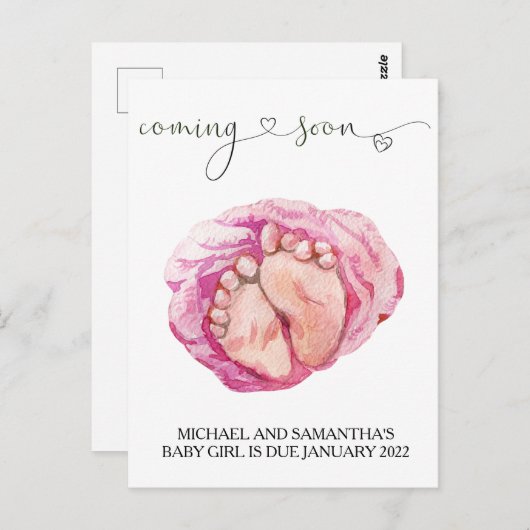 Zwangerschap Aankondiging waterverf Baby Meisje Briefkaart (Voorkant / Achterkant)