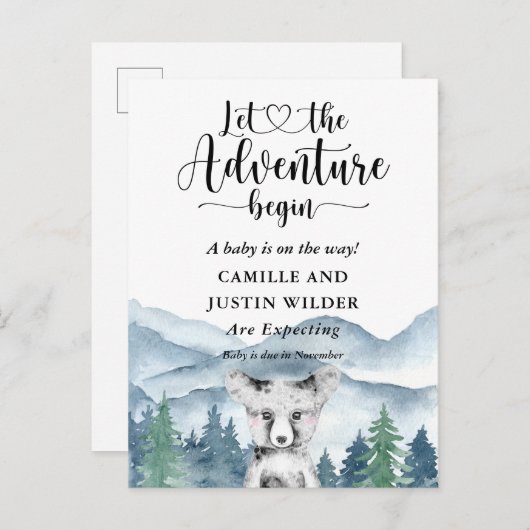 Zwangerschap in het Rustic Forest Adventure geberg Aankondigingskaart (Voorkant / Achterkant)