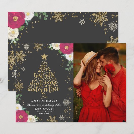 Zwangerschap kerstfoto Kaart Floral (Voorkant / Achterkant)