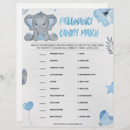 Zwangerschap Snoep Match [Baby olifant [blauw]] Briefhoofd (Voorkant / Achterkant)