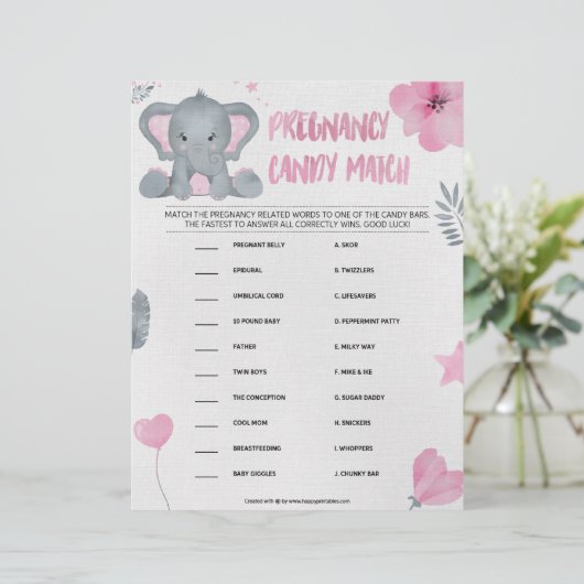 Zwangerschap Snoep Match [Baby olifant [Roze]] Briefhoofd (Staand voorkant)