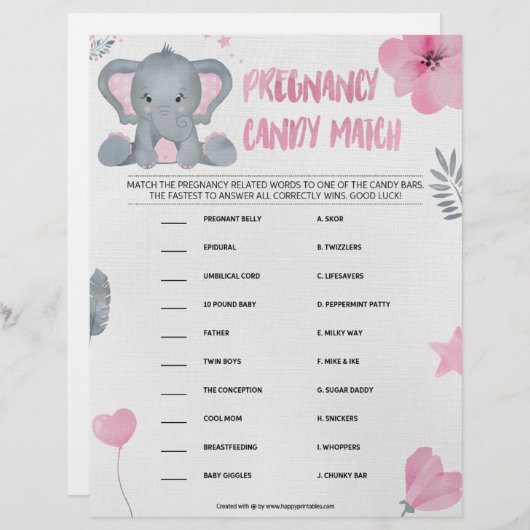 Zwangerschap Snoep Match [Baby olifant [Roze]] Briefhoofd (Voorkant / Achterkant)