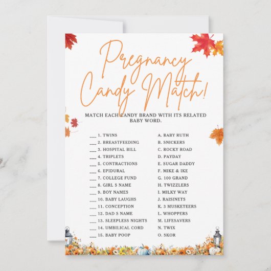 ZWANGERSCHAP SNOEP MATCH BABY SHOWER SPEL POMPOEN KAART (Voorkant)