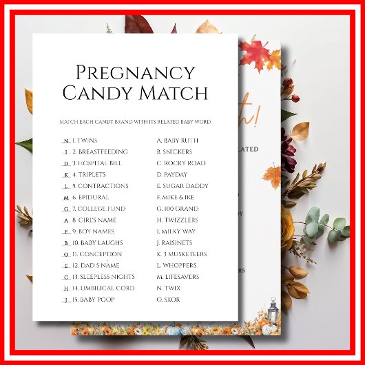 ZWANGERSCHAP SNOEP MATCH BABY SHOWER SPEL POMPOEN KAART