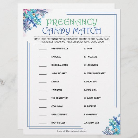 Zwangerschap Snoep Match [Blue Floral] Briefhoofd (Voorkant / Achterkant)