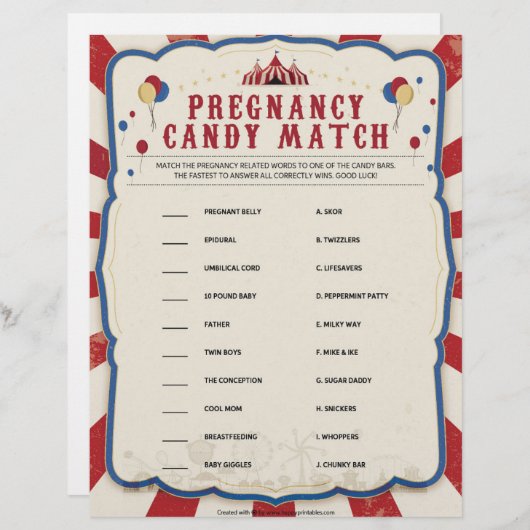 Zwangerschap Snoep Match [Circus Theme] Briefhoofd (Voorkant / Achterkant)