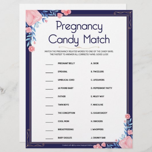 Zwangerschap Snoep Match [Floral Lijst] Briefhoofd (Voorkant / Achterkant)
