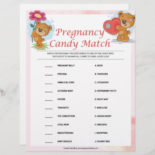 Zwangerschap Snoep Match [Teddy Bears] Briefhoofd (Voorkant / Achterkant)