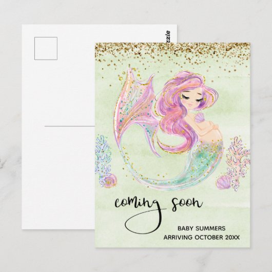 Zwangerschap Zeemeermin Binnenkort Aankondiging Briefkaart (Voorkant / Achterkant)
