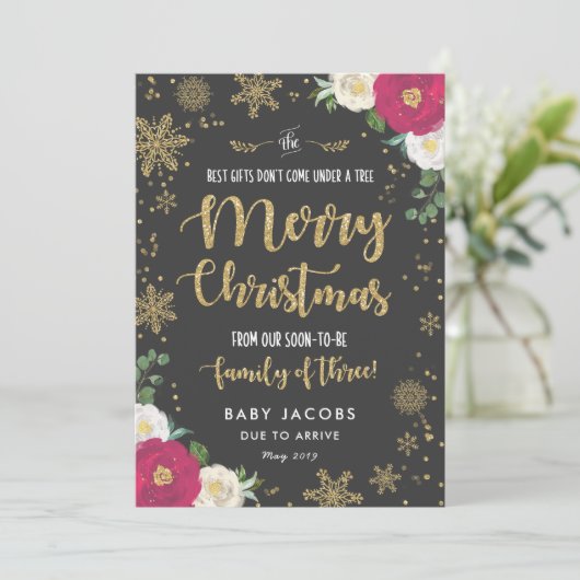 Zwangerschapsaankondiging Kerst Kaart Bloemen Lijs (Staand voorkant)