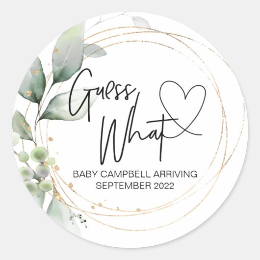 Zwangerschapsaankondiging onthullen Guess What Bab Ronde Sticker (Voorkant)