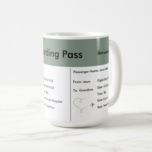 Zwangerschapsaankondiging vliegticket neutraal koffiemok (Voorkant rechts)