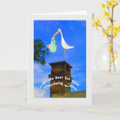 Zwangerschapsverlof ooievaar en baby op schoorstee kaart (Gele Bloem)