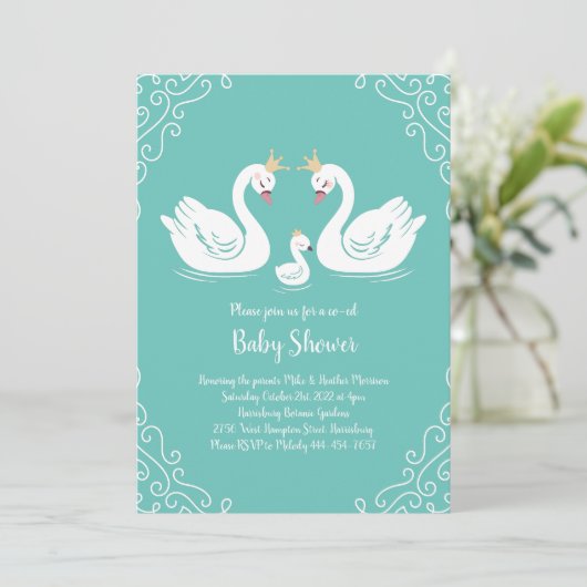 Zwans Baby shower Bird met Crown Co-Ed Blauwgroen Kaart (Staand voorkant)