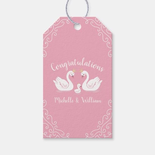 Zwans Baby shower Vogel met Crown Co-Ed Roze Cadeaulabel (Voorkant)