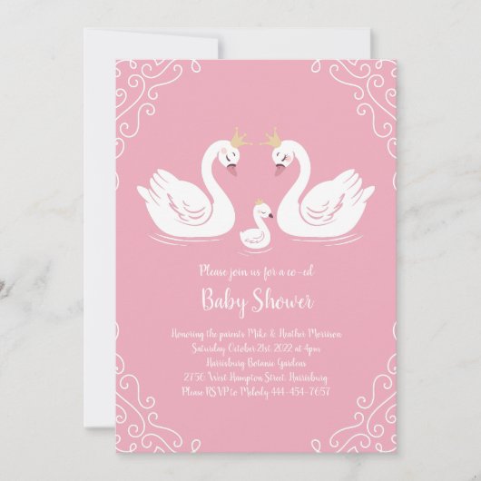 Zwans Baby shower Vogel met Crown Co-Ed Roze Kaart (Voorkant)