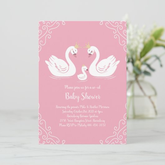 Zwans Baby shower Vogel met Crown Co-Ed Roze Kaart (Staand voorkant)