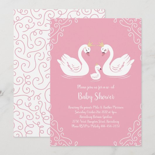 Zwans Baby shower Vogel met Crown Co-Ed Roze Kaart (Voorkant / Achterkant)