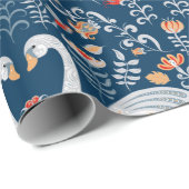 Zwans, vis, bloemen op een blauwe achtergrond. Dec Cadeaupapier (Rol Hoek)