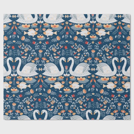 Zwans, vis, bloemen op een blauwe achtergrond. Dec Cadeaupapier (Vlak)