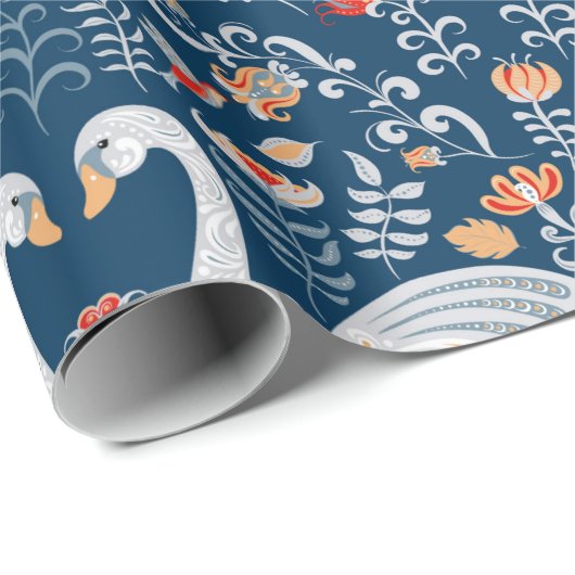 Zwans, vis, bloemen op een blauwe achtergrond. Dec Cadeaupapier (Rol Hoek)