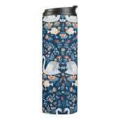 Zwans, vis, bloemen op een blauwe achtergrond. Dec Thermosbeker (Gedraaid links)