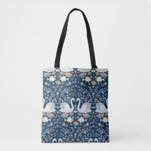 Zwans, vis, bloemen op een blauwe achtergrond. Dec Tote Bag