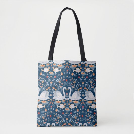 Zwans, vis, bloemen op een blauwe achtergrond. Dec Tote Bag (Voorkant)