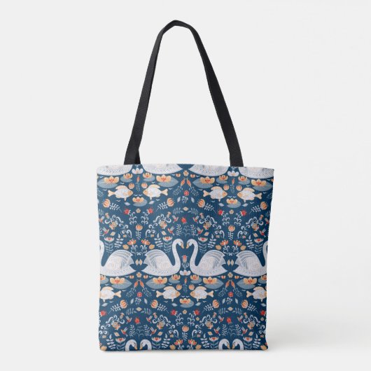 Zwans, vis, bloemen op een blauwe achtergrond. Dec Tote Bag (Achterkant)