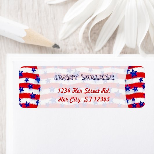 Zware blauwe patriottische sterren boven rode en w etiket (Insitu)