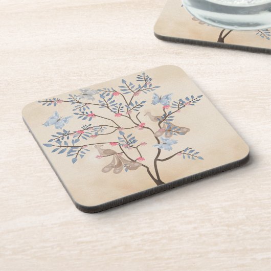 Zware fantasieboomvogels bloemen beige grunge retr bier onderzetter (Linkerzijde)