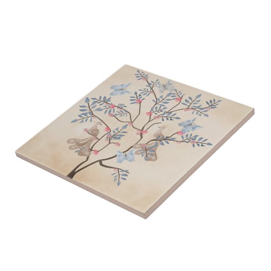 Zware fantasieboomvogels bloemen beige grunge retr tegeltje (Zijkant)