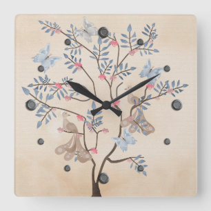 Zware fantasieboomvogels bloemen beige grunge retr vierkante klok