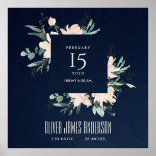 ZWARE FLORAL WREATH WATERVERF BABY BIRTSTATS POSTER