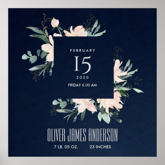 ZWARE FLORAL WREATH WATERVERF BABY BIRTSTATS POSTER (Voorkant)