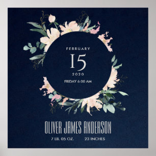 ZWARE FLORAL WREATH WATERVERF BABY BIRTSTATS POSTER