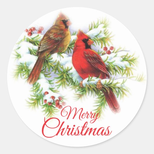 Zware kerstkardinaalvogels in de boom ronde sticker (Voorkant)