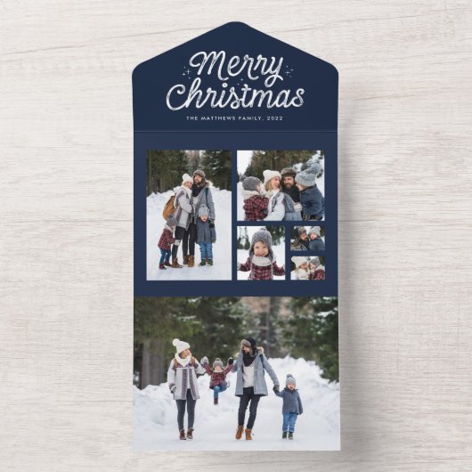 Zware kerstretro navy zes foto-collage all in one uitnodiging (Binnen)