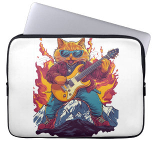 Zware Meowtal – Rocking Cat Grafische T-shirt voor Laptop Sleeve