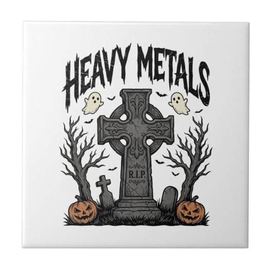 Zware Metalen Halloween Kerkhof Vectorontwerp_1 Tegeltje (Voorkant)
